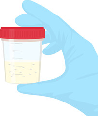 Gloved hand holding a plastic jar with sperm for semen analysis. Semen Test Tube in Hand Vector illustration