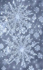 A delicate snowflake floats down from the sky, spinning and dancing in the air. It comes to rest on a blade of grass, where it is admired up close. The intricate pattern of the crystal is revealed und