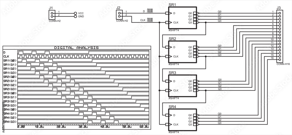 Poster the circuit and time diagrams of the operation of a 16-bit shift register. vector schematic diagram 