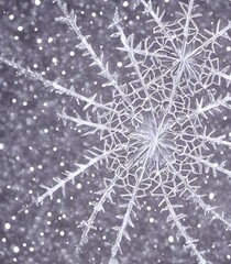 Obraz premium The perfect hexagonal snowflake lies in the palm of a gloved hand. Its delicate surface is covered in frost and it sparkles brightly against the dark background.