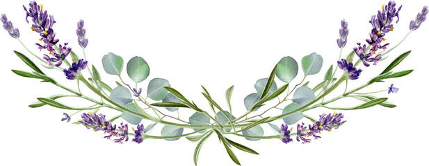 Watercolor eucalyptus leaves and purple lavender flower. Botanical bouquet, Greenery branches.  Wedding invitation. Floral wreath. Floral illustration isolated on transparent background .  - obrazy, fototapety, plakaty