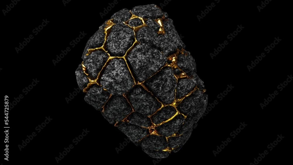 Poster realistic looping 3d animation of the spinning weathered aged dark granite or piece of ore with shin