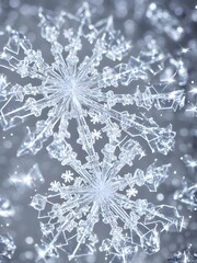 A beautiful snowflake crystal is close up in this picture. Each line and indentation of the...