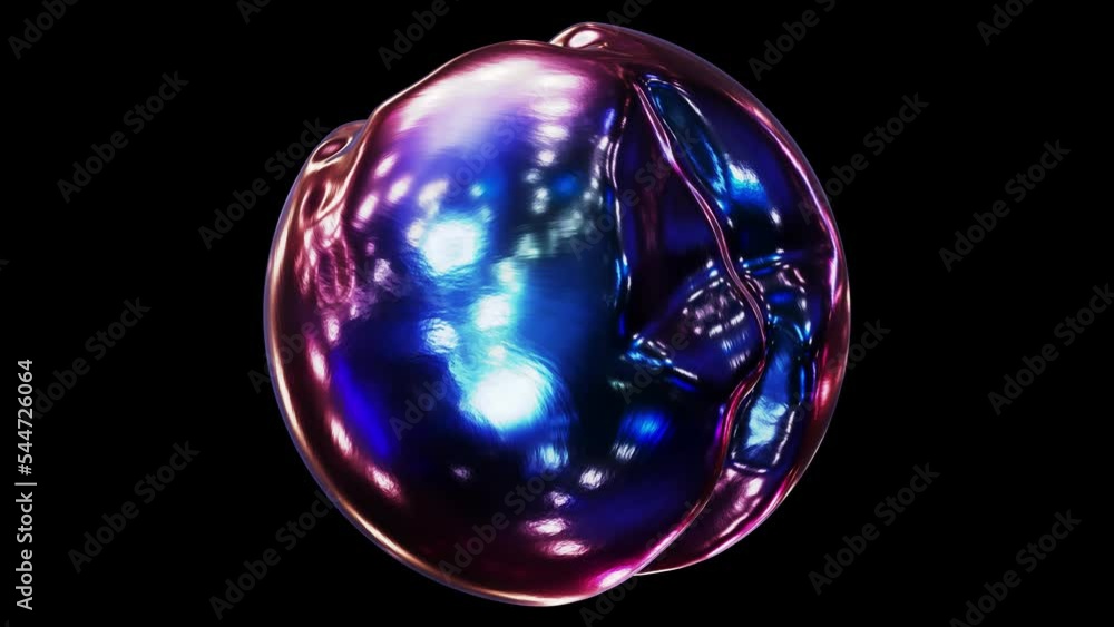 Poster realistic looping 3d animation of the morphing and waving textured dark blue iridescent metal sphere