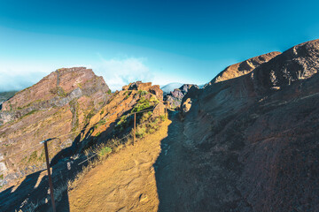 Scenic hike to Pico Ruivo in the morning. Pico do Arieiro, Madeira Island, Portugal, Europe.
