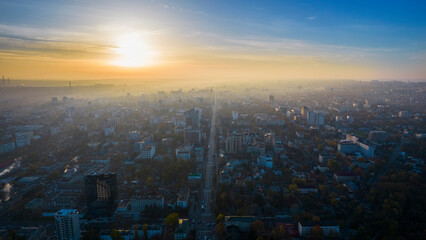 Aerial drone view of Chisinau at sunrise, Moldova
