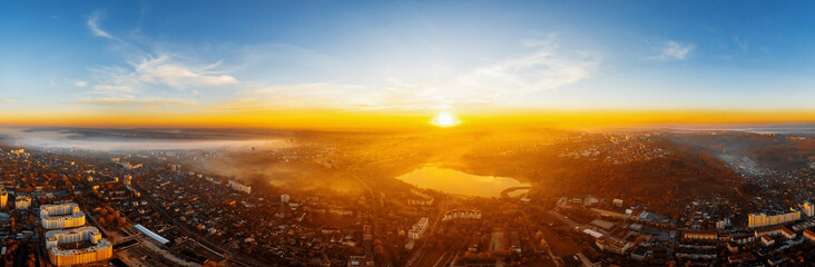 Aerial drone view of Chisinau at sunset
