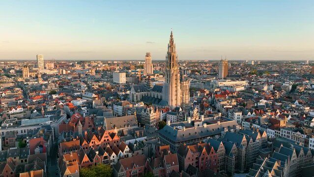4K Aerial view of cityscape of Antwerp, gothic style landmark Cathedral of Our Lady Antwerp and historic center of city Belgium from above, Europe