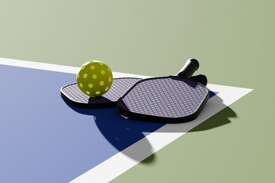 Pickleball paddles and ball on court, illuminated sunshine. 3d illustration, render.