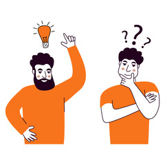 People talking and thinking.Two men talk.Businessmen discuss social network.Brainstorm doodle hand drawn elements.Light bulb with concept of new idea.Man holding up his index finger.
