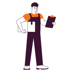 Man holding a package box.Delivery man.A postman with a box.Outline vector illustration.Isolated on white background.Relocation and moving .Worker wearing uniform.