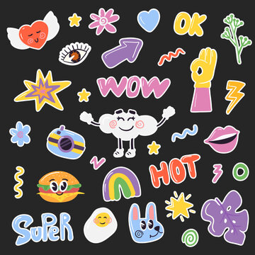 Patches design. Retro clothing badges. Cute sticker template decorated with cartoon image and trendy lettering. Signs, symbols, objects for scheduler or organizer