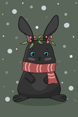 A black rabbit with a scarf. Vector illustration for a postcard. Children's illustration
