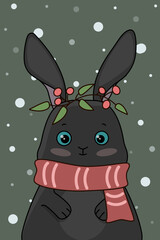 A black rabbit with a scarf. Vector illustration for a postcard. Children's illustration