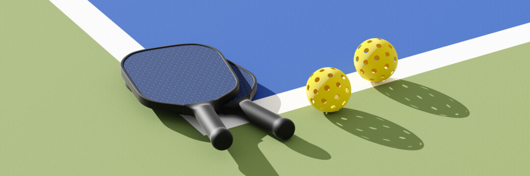 Pickleball paddles with balls on court, illuminated sunshine. 3d illustration, render. Banner