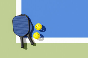 Pickleball paddles and balls on court, illuminated sunshine. Top view, place for text. 3d illustration, render. - obrazy, fototapety, plakaty
