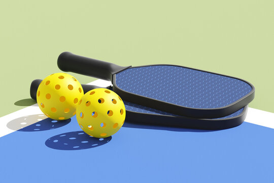 Close up of Pickleball paddles with balls on court, illuminated sunshine. 3d illustration, render.