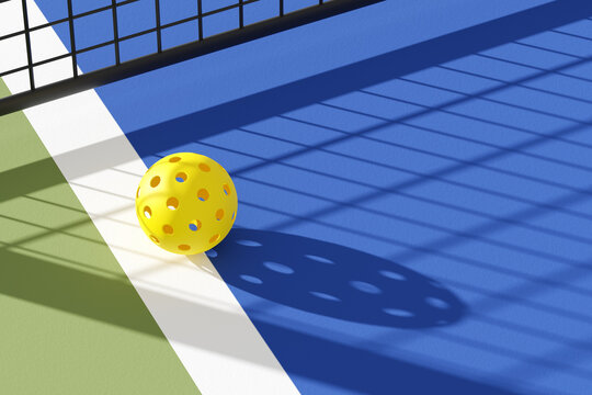 Pickleball ball on court under the shadow of the grid. 3d illustration, render. Place for text