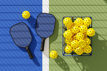 Two Pickleball paddles and basket of balls on court under the shadow of the grid. Top view. 3d...