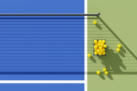 Basket of Pickleball balls on court under the shadow of the grid. Top view, place for text. 3d illustration, render.