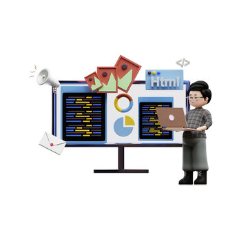 Web developer working on project 3D Illustration, used for web, app, infographic