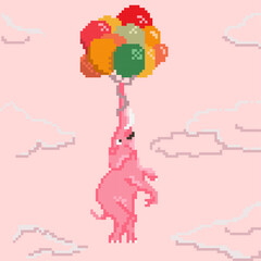 Obraz na płótnie Canvas allegory. Surreal imaginary light pink elephant with horns flies to his dream on colorful balloons. The sky is pink with clouds. Sprite for the game. Concept art. Vector
