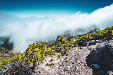 Summit view with beautiful mountain scenery on Pico Ruivo at noon. Pico do Arieiro, Madeira Island,...