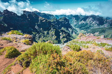 Summit view with beautiful mountain scenery on Pico Ruivo at noon. Pico do Arieiro, Madeira Island,...