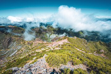 Summit view with beautiful mountain scenery on Pico Ruivo at noon. Pico do Arieiro, Madeira Island, Portugal, Europe.