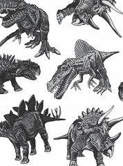 Vertical black and white pattern with dinosaurs, stylish dino cover for fabric, postcards, wallpapers,graphical vector illustration. Animals background design	
