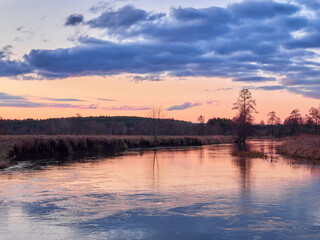 Obraz premium Autumn sunset tree reflection. Sunset sky over river trees. 