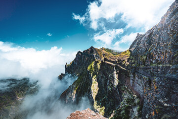 Super scenic view from hike trail to Pico do Ariero in the afternoon. Verade do Pico Ruivo, Madeira...