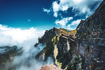 Super scenic view from hike trail to Pico do Ariero in the afternoon. Verade do Pico Ruivo, Madeira...