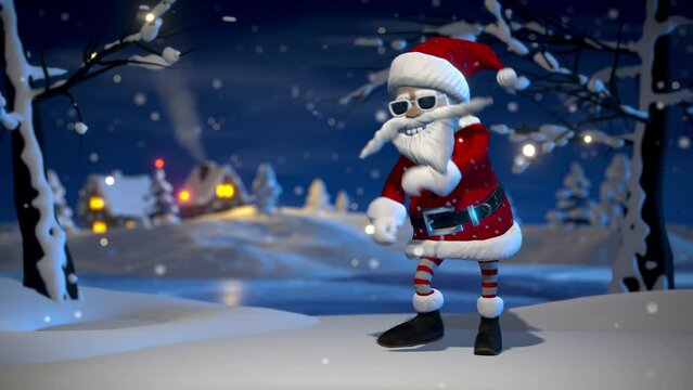 Santa Claus dancing twist, winter rural landscape,
3D animation with alpha matte