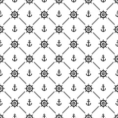 Anchor and helm ship seamless pattern. Black symbol boat or steering on white background. Repeated marine texture. Repeat nautical design for travel prints. Repeating sea backdrop. Vector illustration