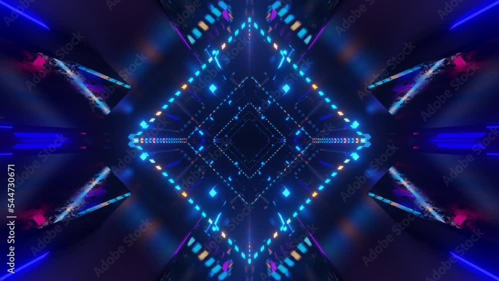 Aufkleber fly through symmetrical technology cyberspace with neon glow. sci-fi flight through hi-tech technolo