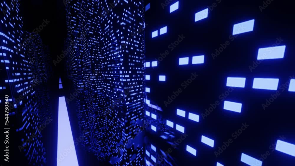 Poster abstract background like city. fly through technology cyberspace with neon glow. sci-fi flight throu