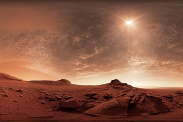 360 HDRI panorama of Mars sunset. Martian landscape, environment map. Equirectangular projection, spherical panorama. 