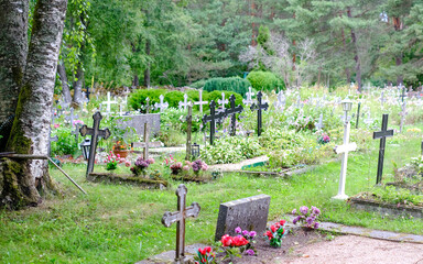 Old cemetery in the forest with many crosses. Estonia