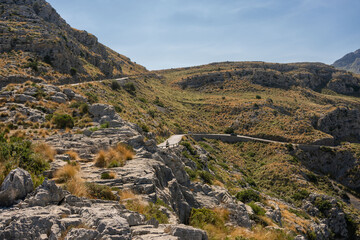 Fototapeta na wymiar Road to Sa Calobra in Serra de Tramuntana - mountains in Mallorca, Spain, view of rocky mountains