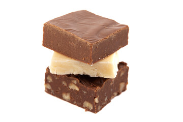 Fototapeta na wymiar Stack of Three Different Types of Fudge Isolated on a White Background