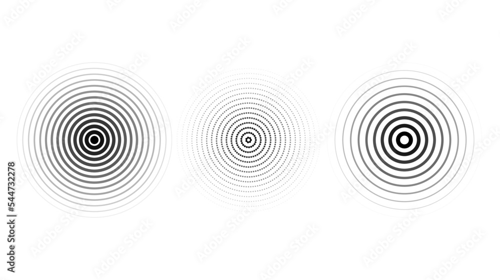 Poster concentric ripple circles set. sonar or sound wave rings collection. epicentre, target, radar icon c