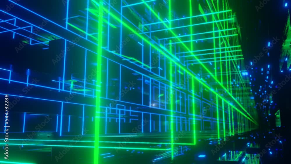 Poster fly through technology cyberspace with blue green neon glow. sci-fi flight through hi-tech technolog