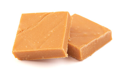 Pieces of Light Brown Fudge Isolated on a White Background