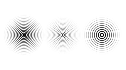 Concentric ripple circles set. Sonar or sound wave rings collection. Epicentre, target, radar icon concept. Radial signal or vibration elements.