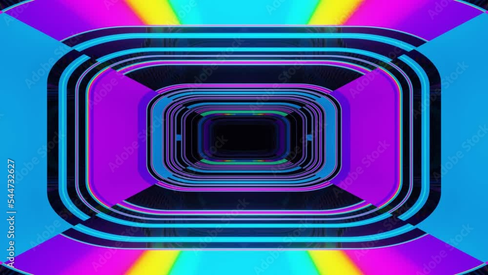 Poster 4k seamless looped animation. fly through mirror symmetrical tunnel with neon pattern, sci fi glow p