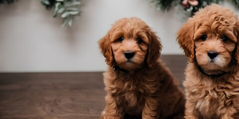 Goldendoodle puppies in a studio with copy space
