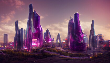 Crystal amethyst city science fiction, progress other worlds, alien civilization on other planets, sci-fi cities surreal buildings, intergalactic cities, alien planet, landscape (generative AI, AI)