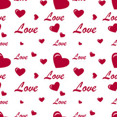 Seamless texture with red hearts and inscriptions on a white background