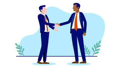 Business handshake - Two people vector characters of different ethnicity shaking hands in deal and agreement. Flat design on white background 